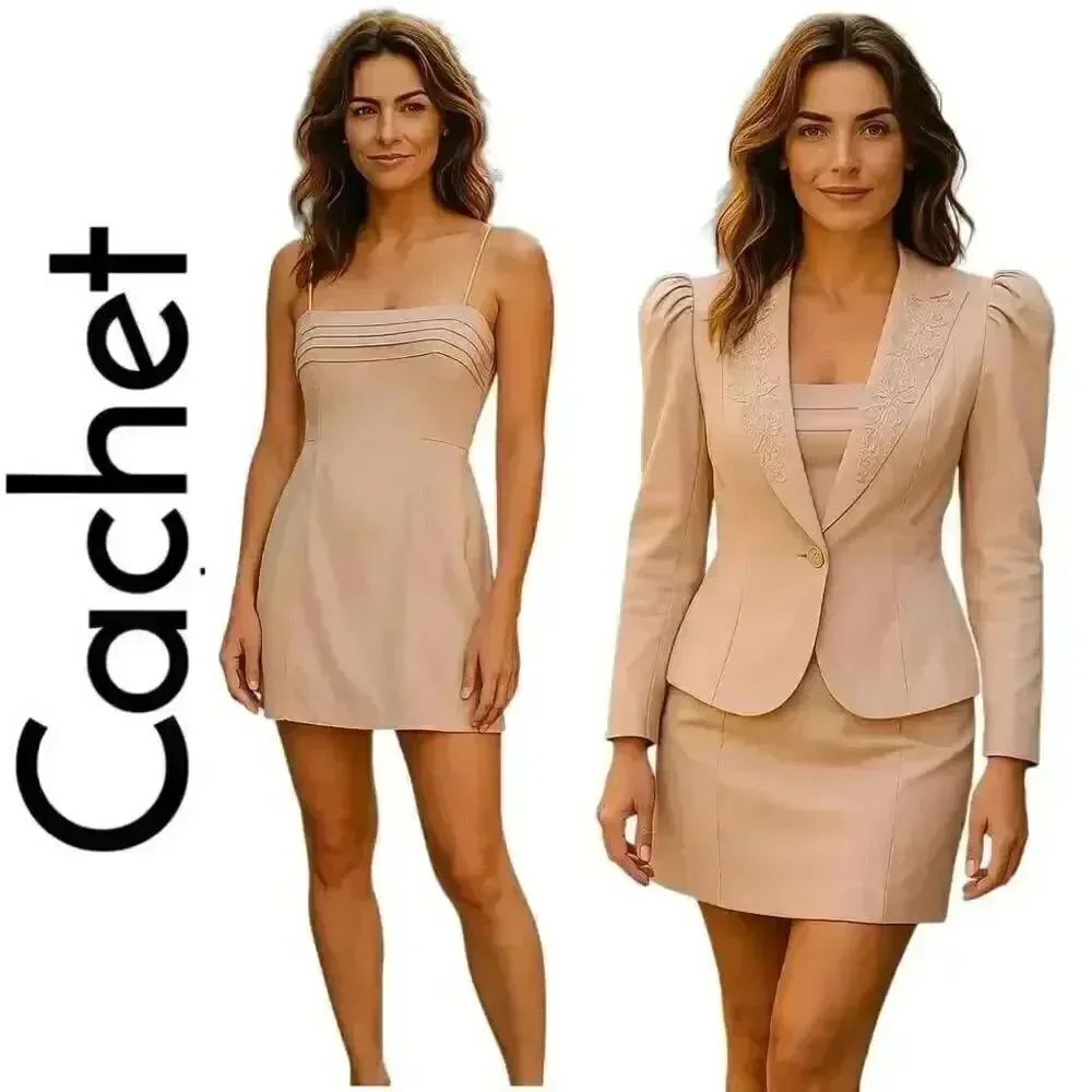 Vintage Cachet Linen Look Spaghetti Strap Mini Dress & Embroidered Jacket